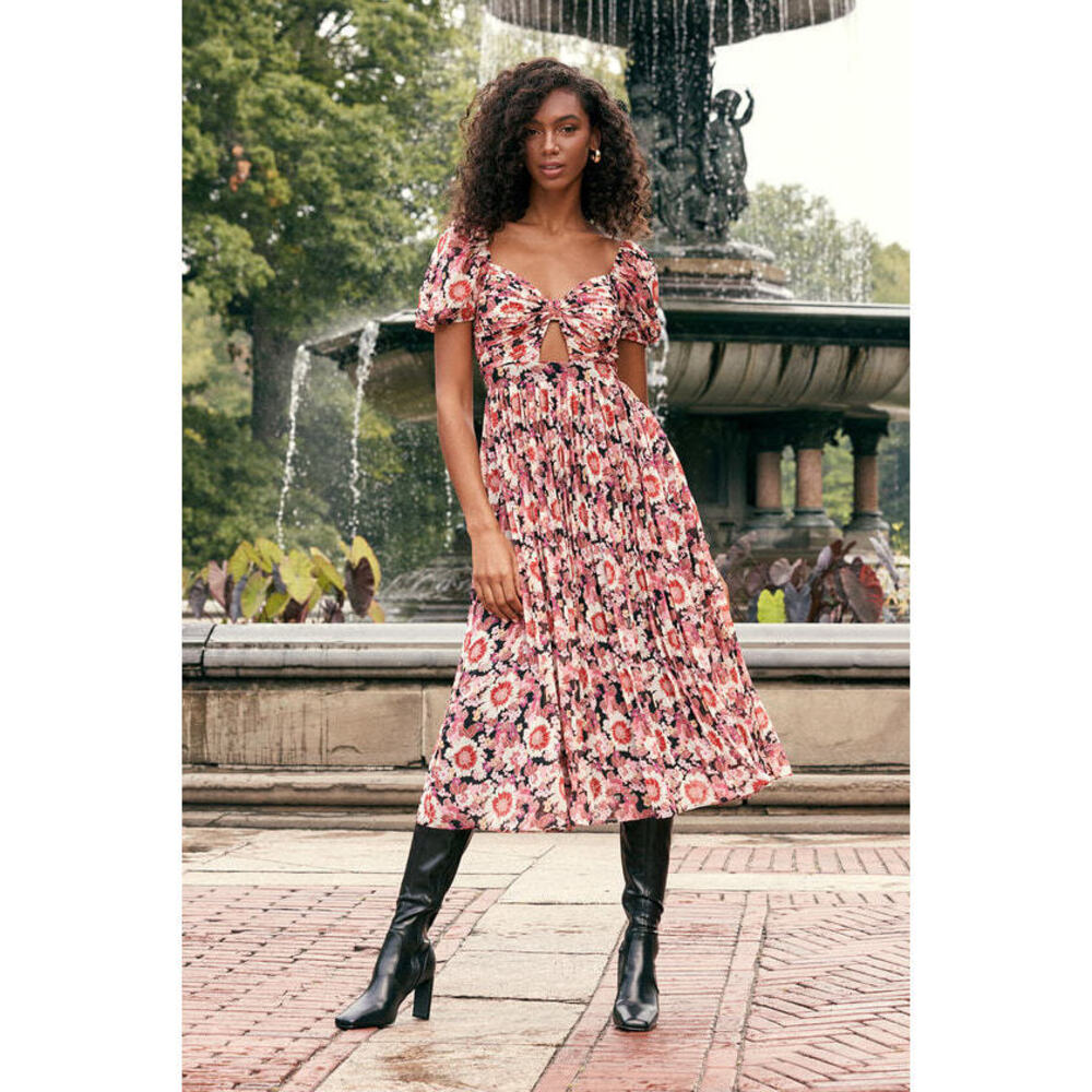 Lulus Forever Flowering Pink Multi Floral Print Puff Sleeve Midi Dress - Size M
